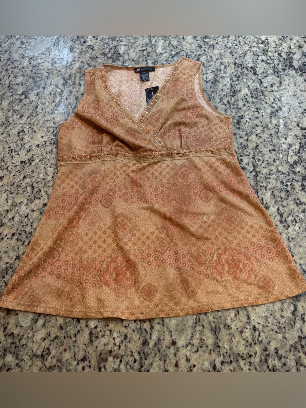 INC International Concepts Copper Floral Sleeveless Tank with Embroidered Lace
